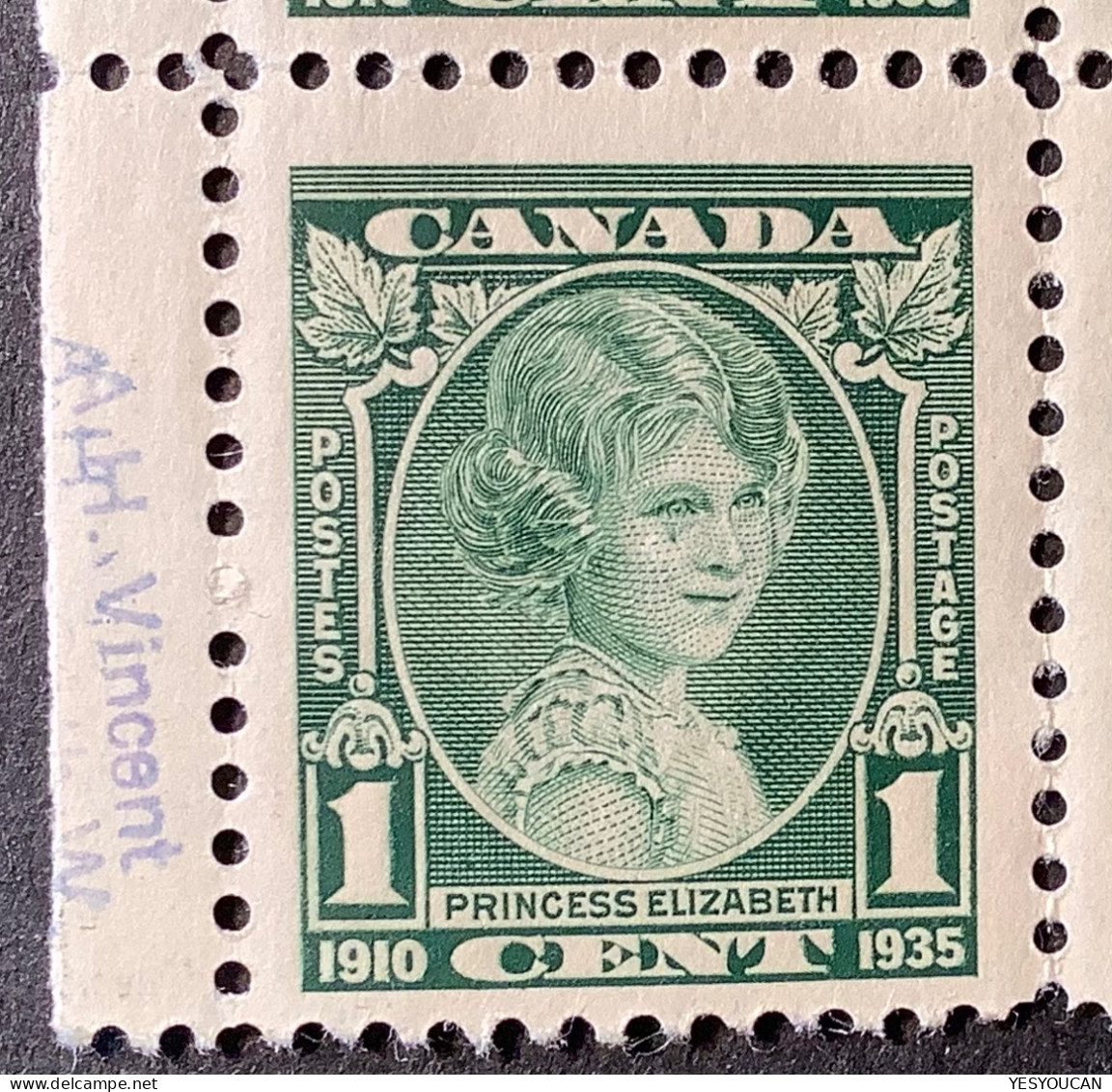 Canada 1935 KGV Silver Jubilee 1c Green Variety "WEEPING PRINCESS" (later Queen Elisabeth) VF MINT* Sc. 211 SG 335,335a. - Neufs