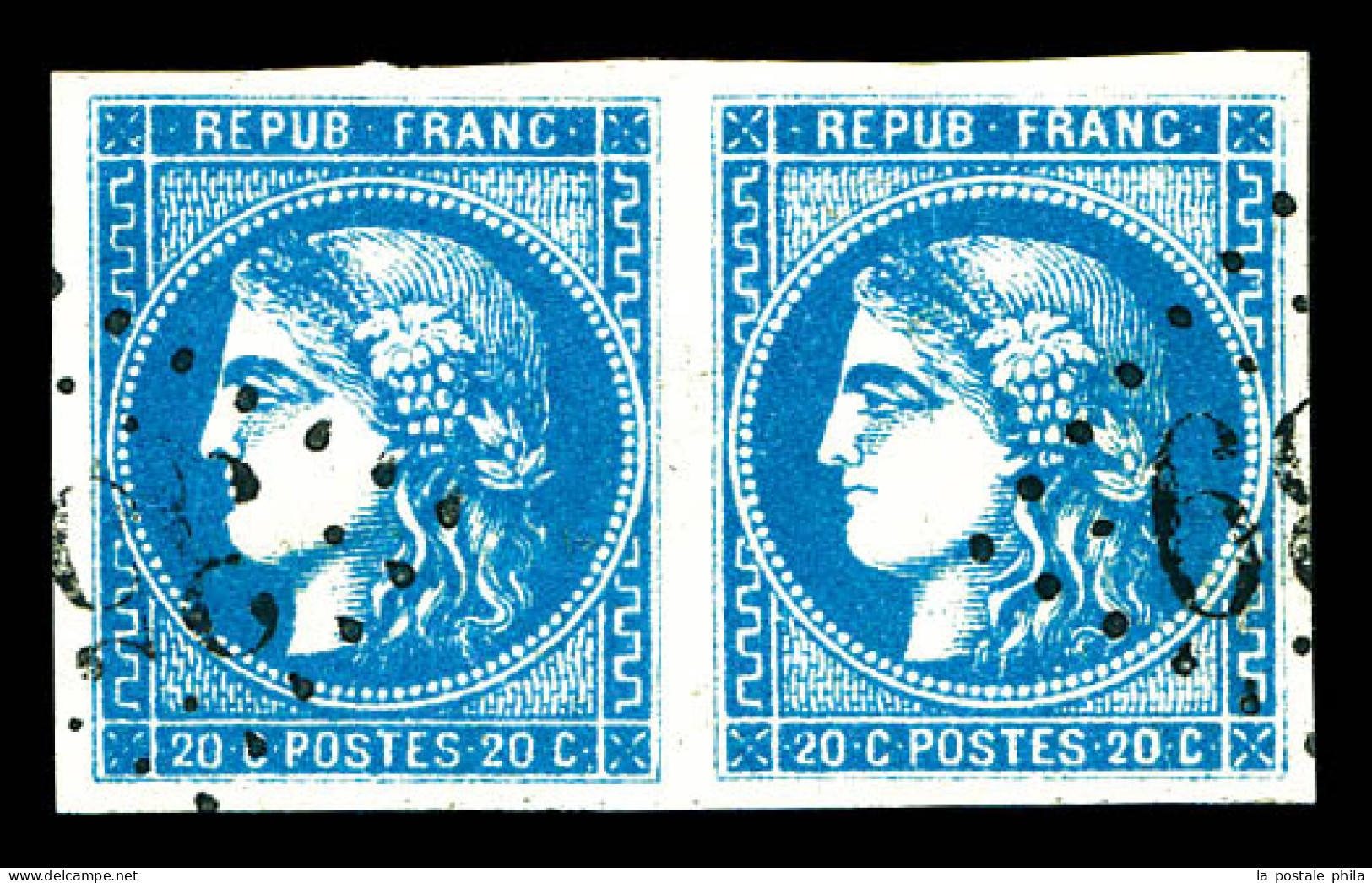 O N°46Bh, 20c Bleu Outremer Type III Report 2 En Paire, Très Jolie Nuance. SUP. R. (signé Calves/certificats)  Qualité:  - 1870 Bordeaux Printing