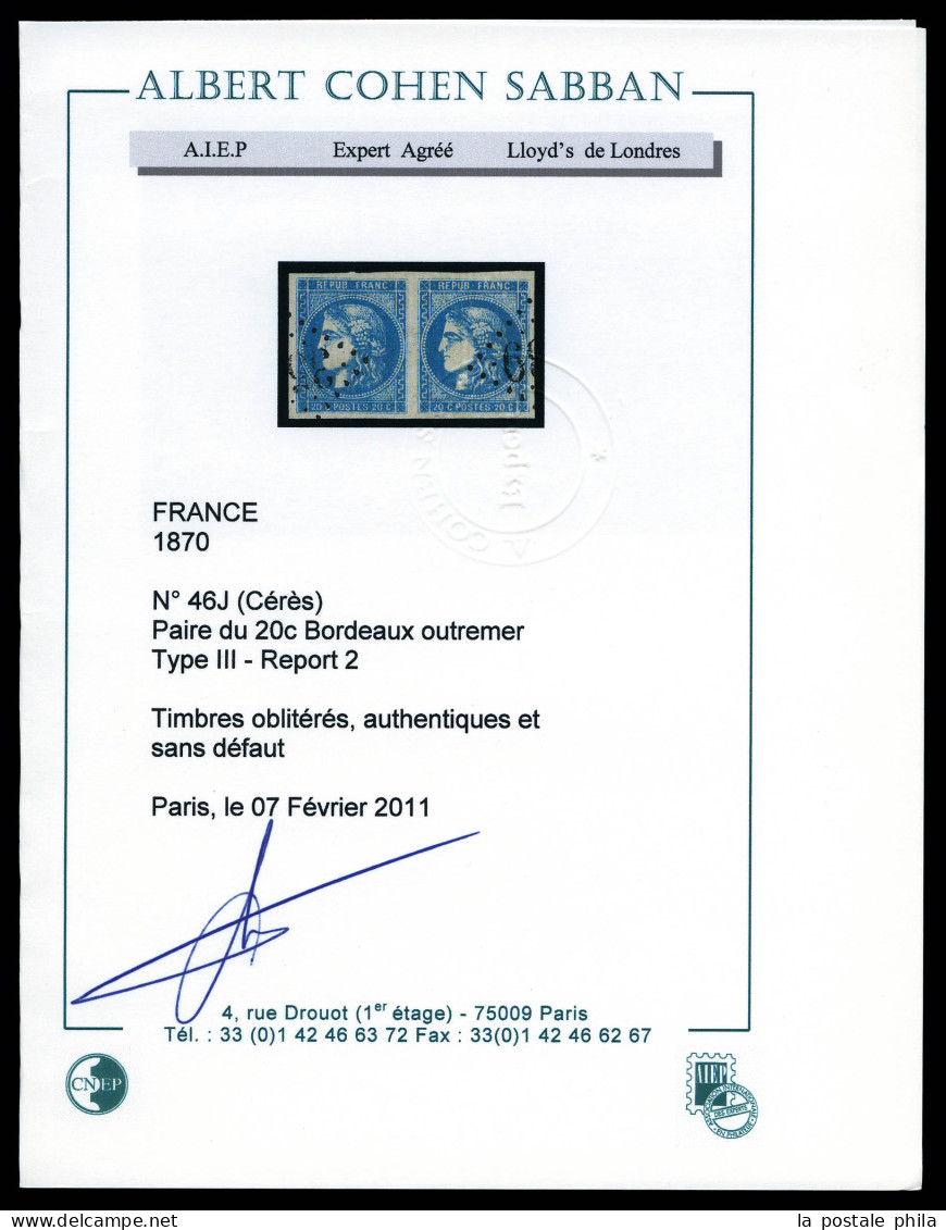 O N°46Bh, 20c Bleu Outremer Type III Report 2 En Paire, Très Jolie Nuance. SUP. R. (signé Calves/certificats)  Qualité:  - 1870 Bordeaux Printing