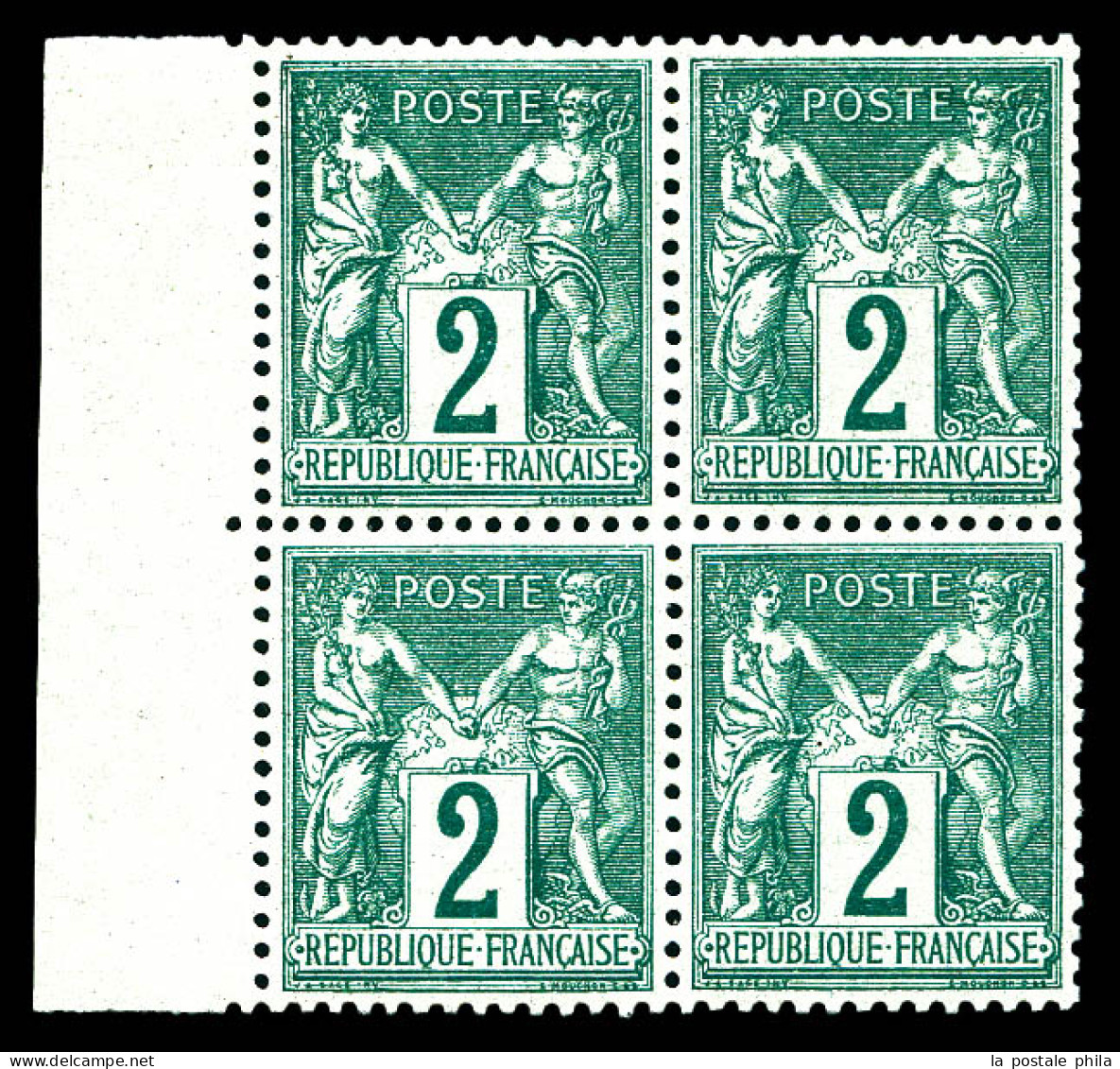 ** N°74, 2c Vert Type II, Bloc De Quatre Bdf, Fraîcheur Postale, TRES BON CENTRAGE, SUP (signé Calves/certificat)  Quali - 1876-1898 Sage (Type II)