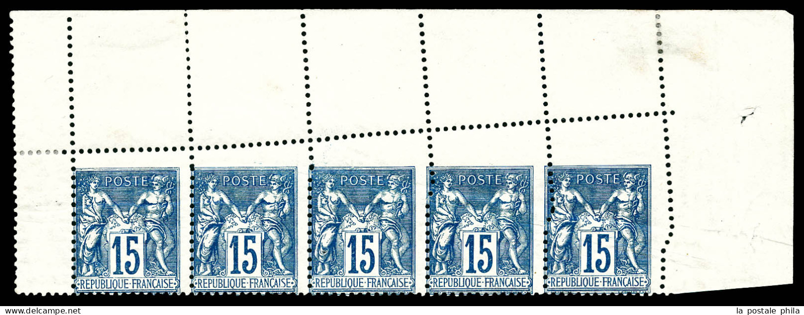 ** N°90, 15c Bleu: Piquage Oblique Par Pliage Sur Bande De Cinq Haut De Feuille. SUP. R. (certificat)  Qualité: **  Cote - 1876-1898 Sage (Tipo II)