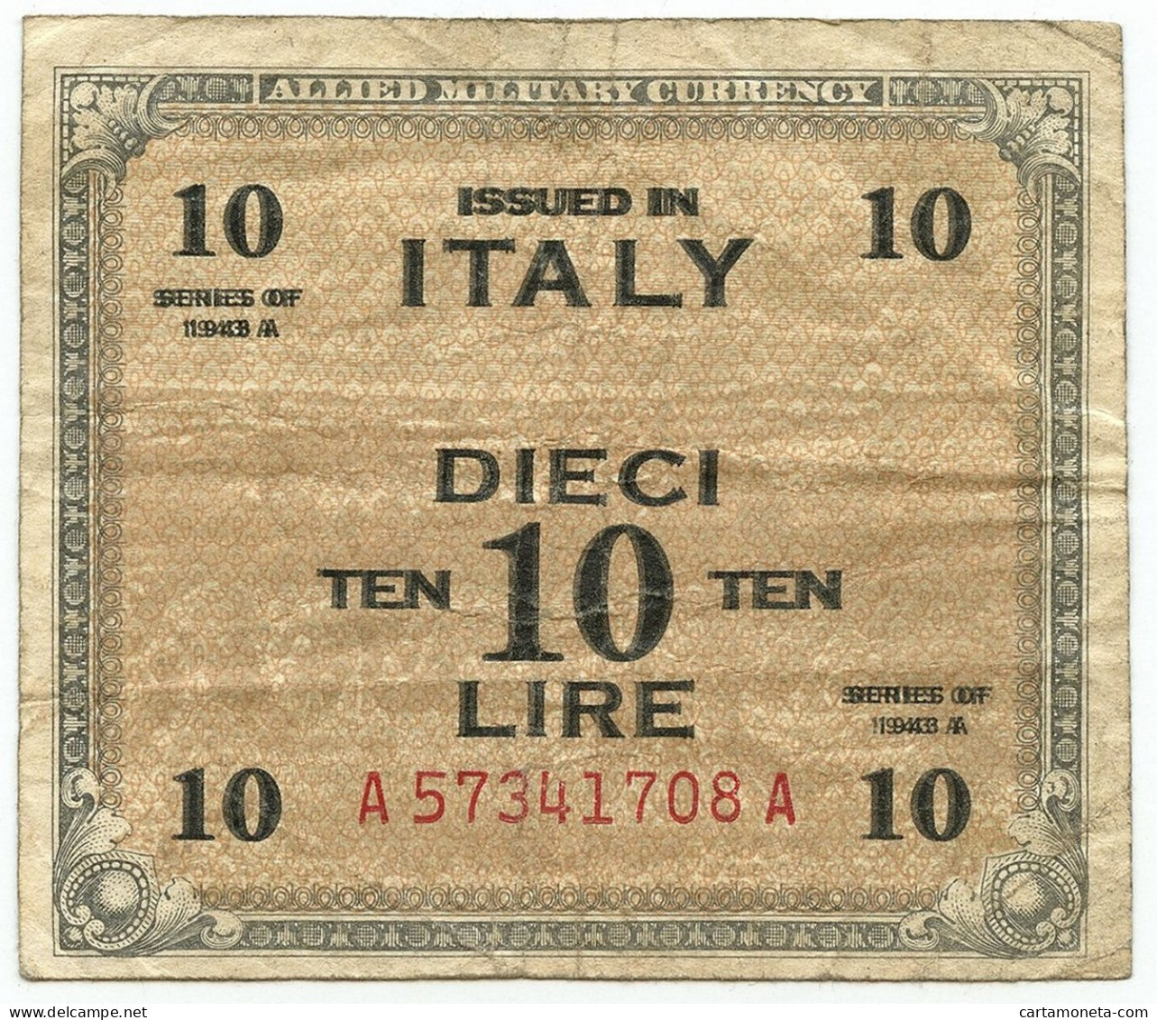 10 LIRE ERRORE STAMPA DOPPIA OCCUPAZIONE AMERICANA ITALIA BILINGUE FLC 1943 QBB - Occupazione Alleata Seconda Guerra Mondiale