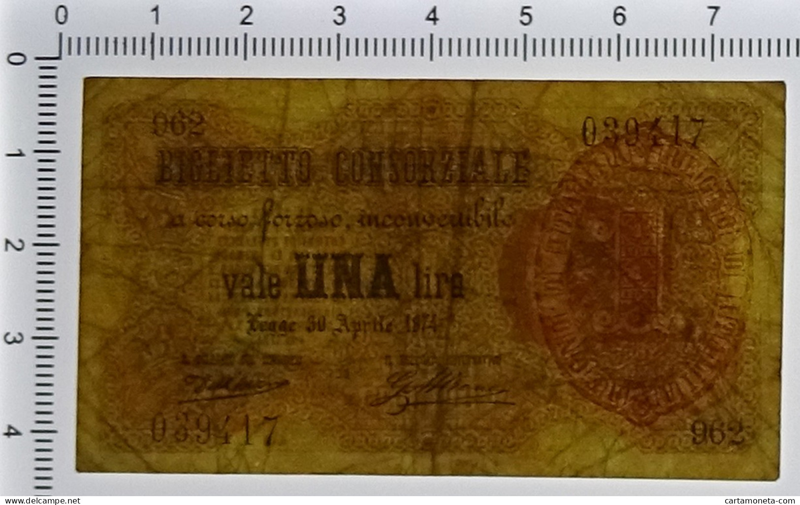 1 LIRA BIGLIETTO CONSORZIALE REGNO D'ITALIA 30/04/1874 BB/BB+ - Biglietti Consorziale