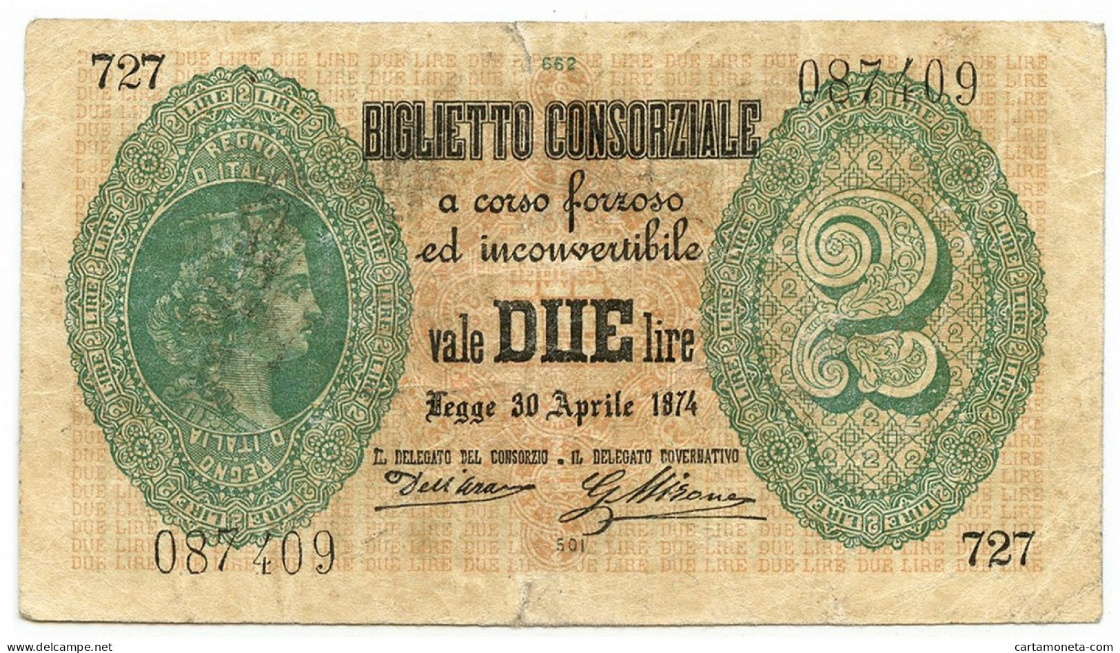 2 LIRE BIGLIETTO CONSORZIALE REGNO D'ITALIA 30/04/1874 BB - Biglietti Consorziale