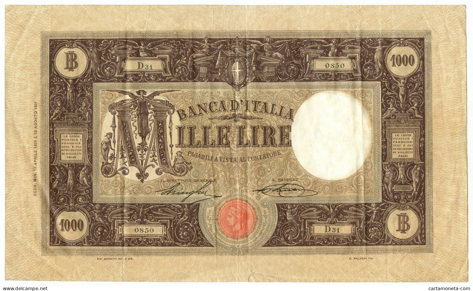 1000 LIRE BARBETTI GRANDE M TESTINA DECRETO 13/04/1926 BB/BB+ - Sonstige