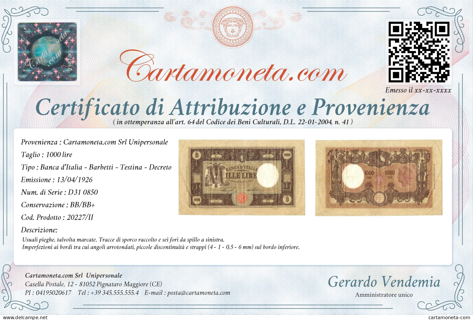 1000 LIRE BARBETTI GRANDE M TESTINA DECRETO 13/04/1926 BB/BB+ - Regno D'Italia - Altri