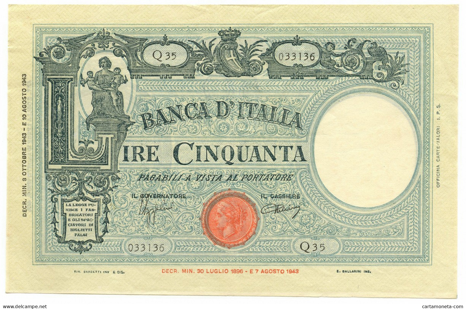 50 LIRE BARBETTI GRANDE L SENZA MATRICE BI RSI 08/10/1943 SPL/SPL+ - Regno D'Italia – Autres