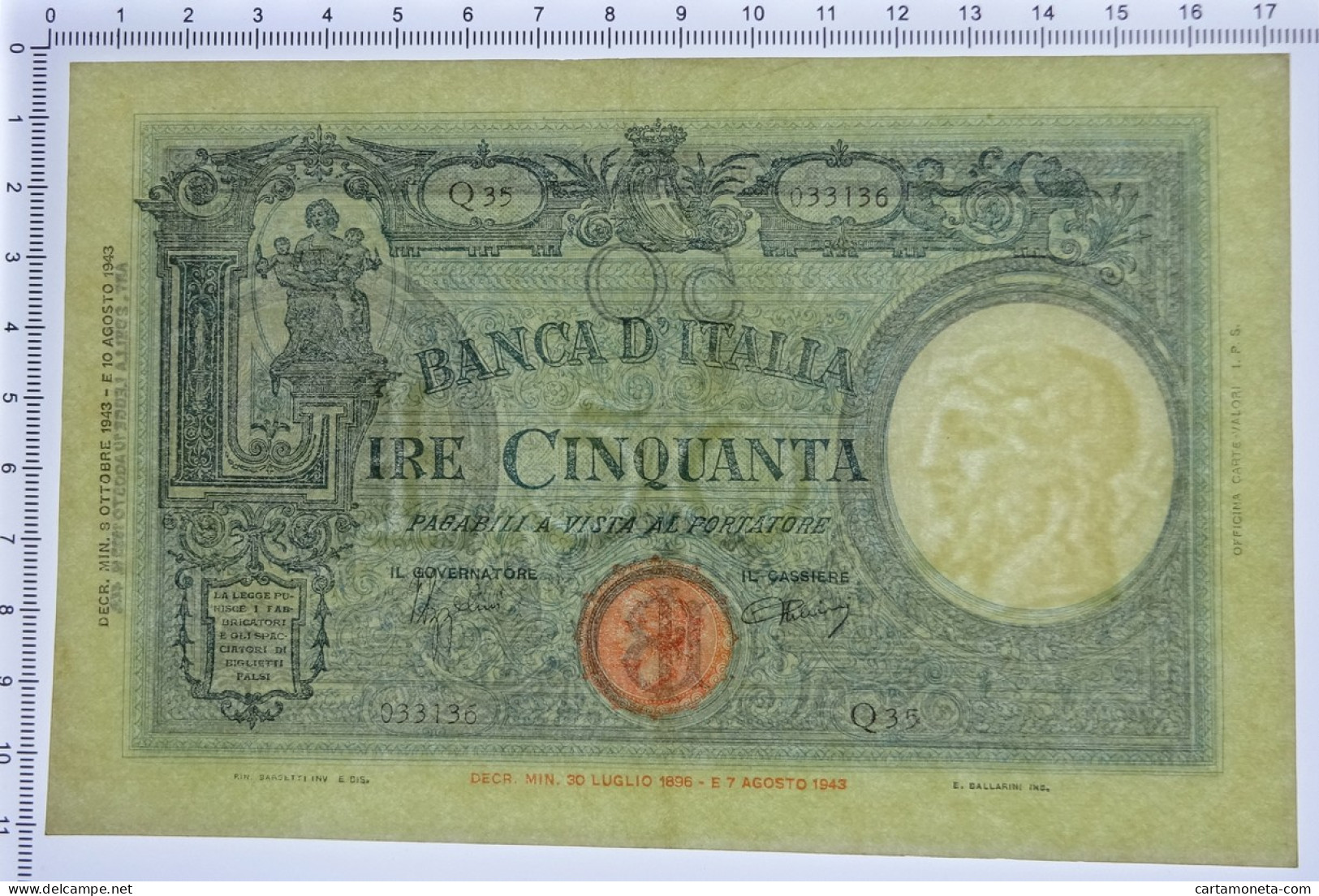 50 LIRE BARBETTI GRANDE L SENZA MATRICE BI RSI 08/10/1943 SPL/SPL+ - Otros