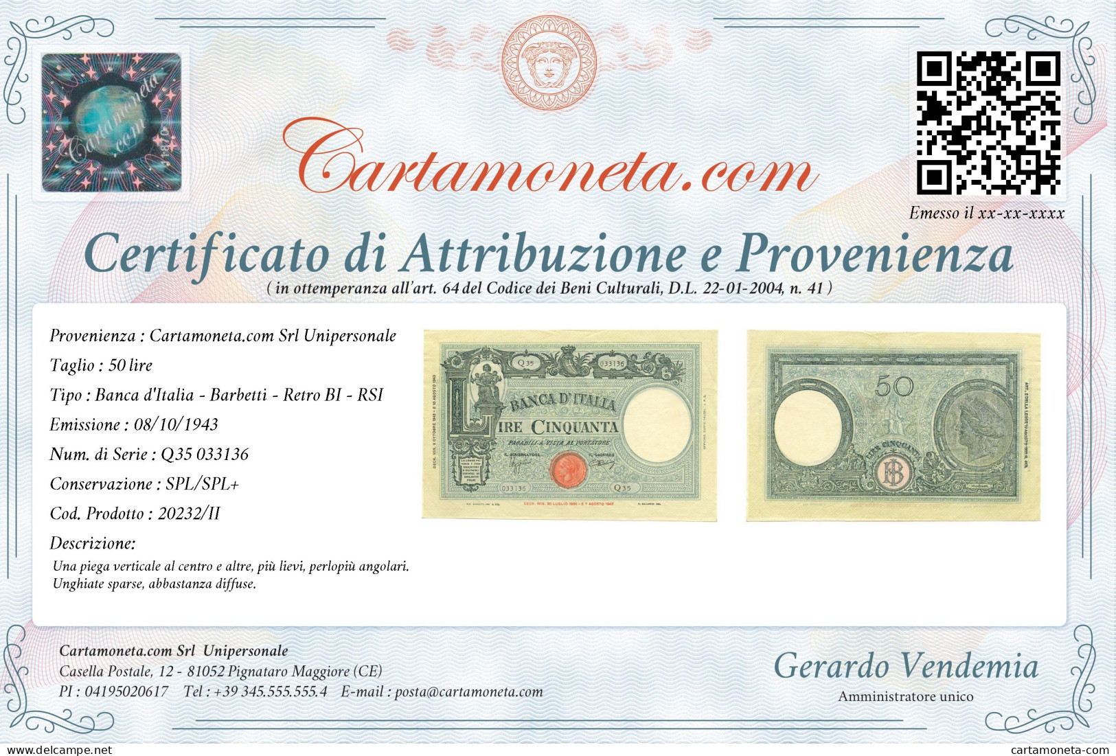 50 LIRE BARBETTI GRANDE L SENZA MATRICE BI RSI 08/10/1943 SPL/SPL+ - Regno D'Italia - Altri