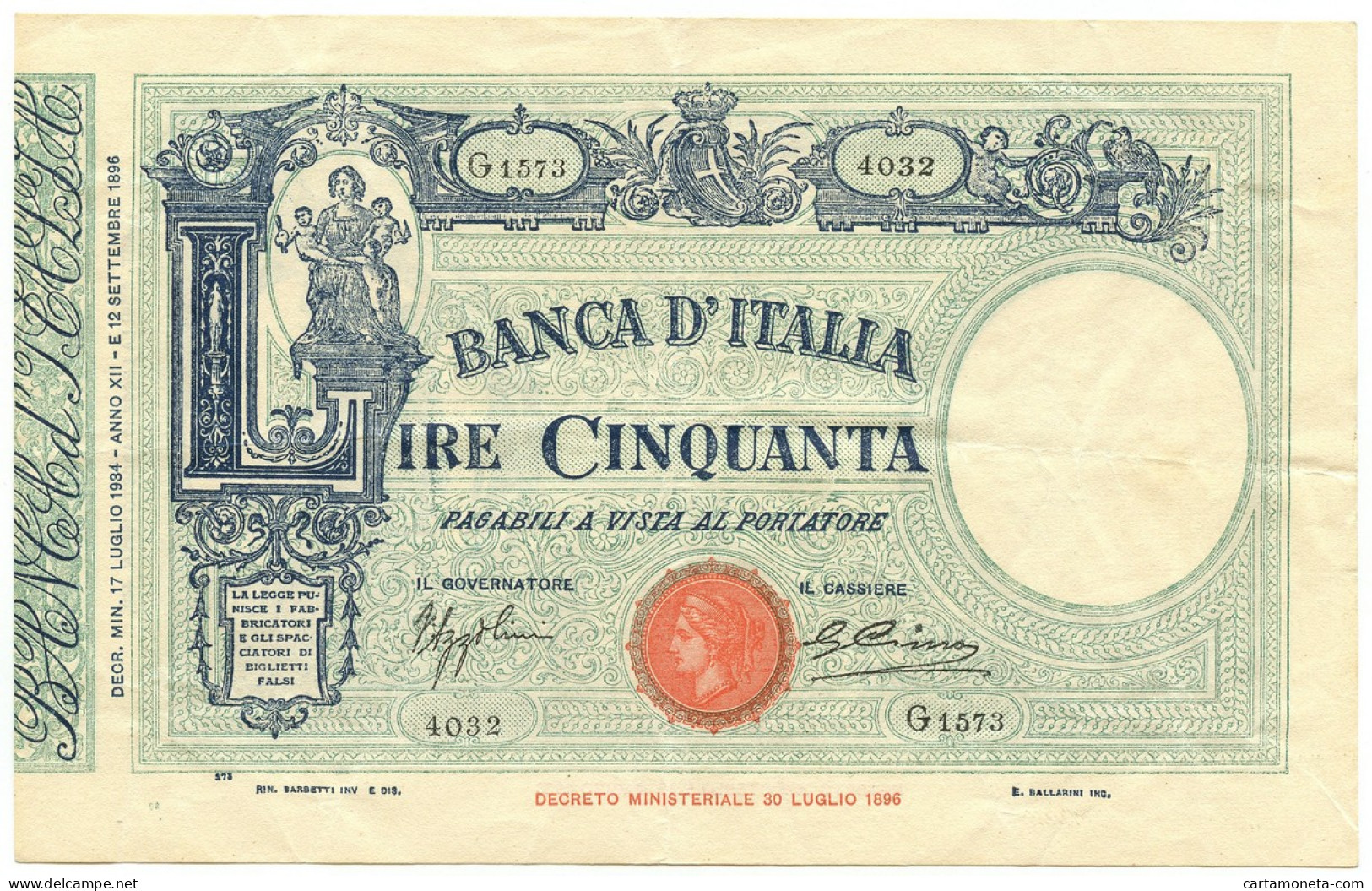 50 LIRE BARBETTI GRANDE L MATRICE LATERALE TESTINA FASCIO 17/07/1934 BB/SPL - Regno D'Italia - Altri