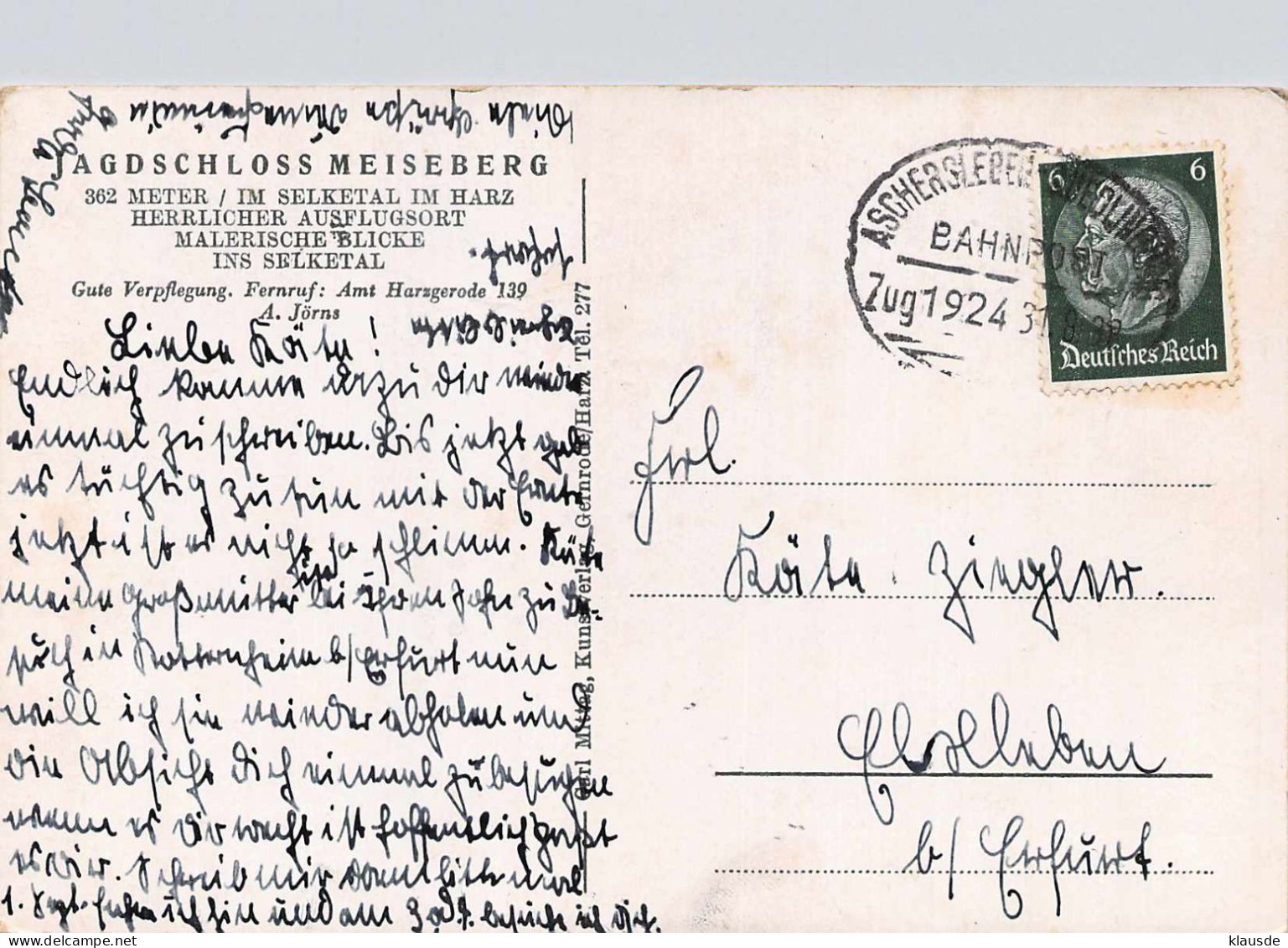 Jagdschloss Meiseberg Gel.1924 Bahnpoststempel - Ballenstedt