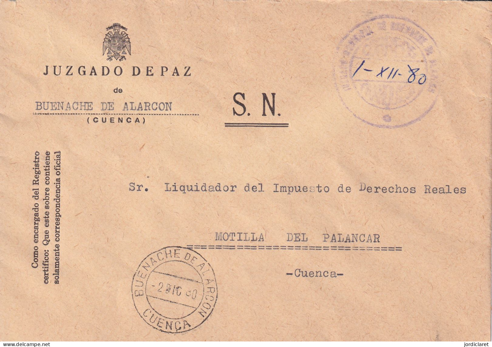 JUZGADO DE PAZ BUENACHE DE ALARCON CUENCA 1980 - Franquicia Postal