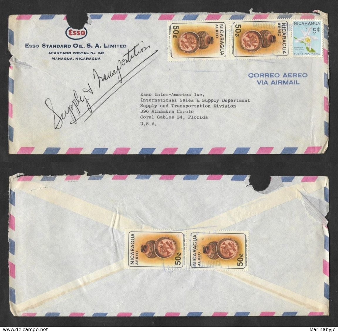 SD)1968 NICARAGUA ANTIQUES, 4 DECORATED POTTERY STAMPS, SOBRALIA PLEIANTHA, AIR MAIL, COMMERCIAL COVER CIRCULATED FROM N - Nicaragua