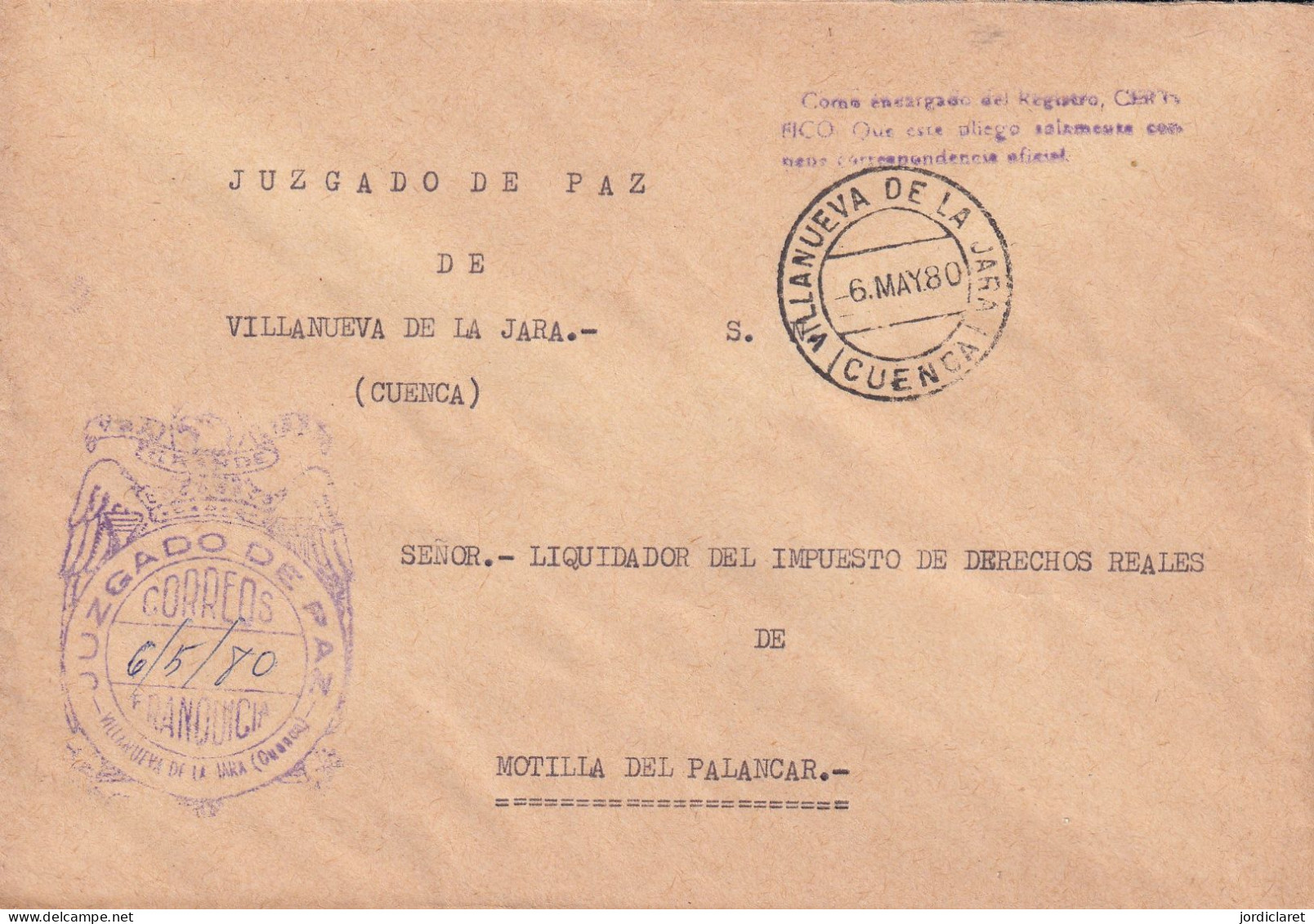 JUZGADO DE PAZ VILLANUEVA DE LA JARA CUENCA 1980 - Postage Free