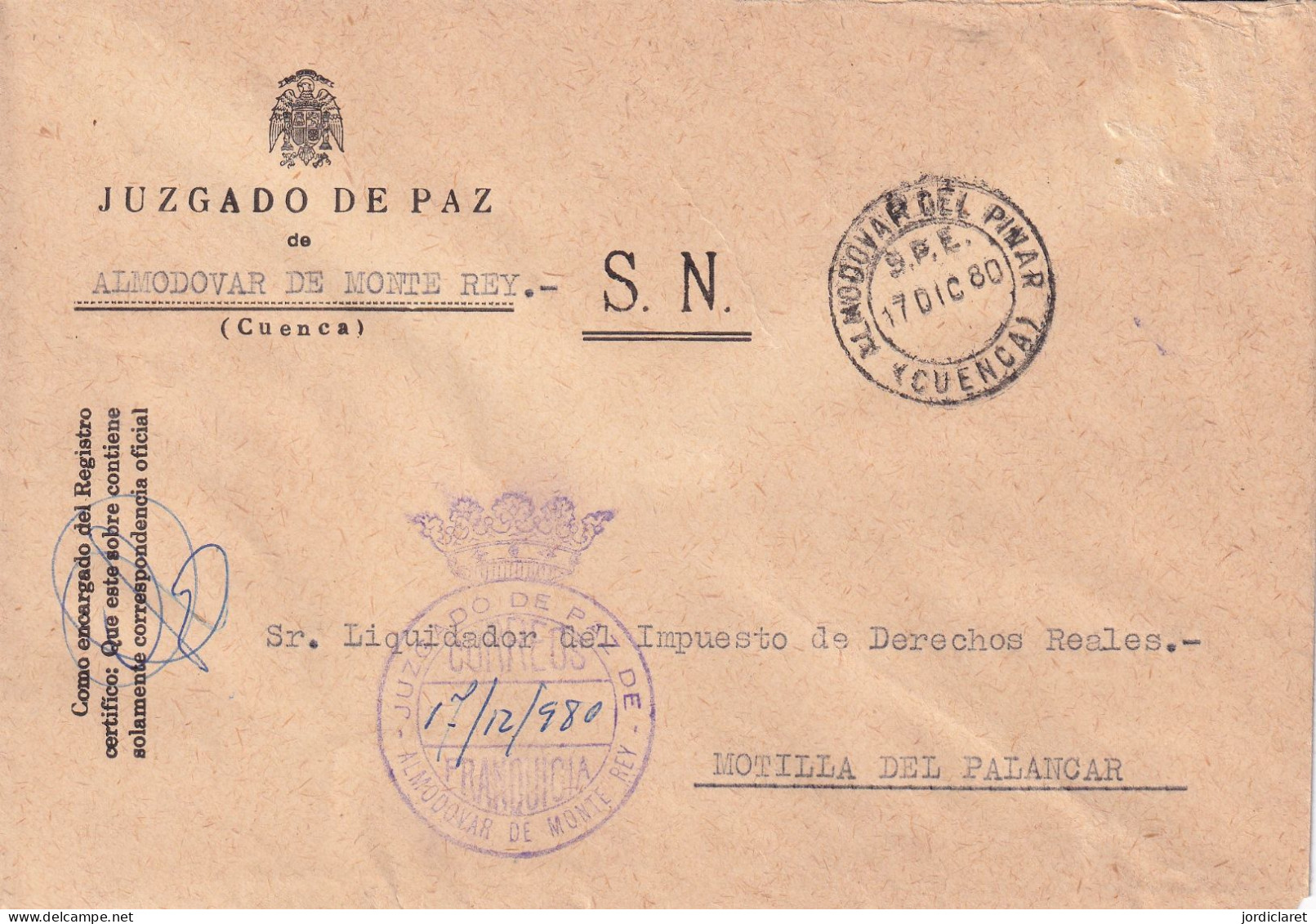 JUZGADO DE PAZ ALMODOVAR DE MONTE REY CUENCA 1980 - Franchigia Postale
