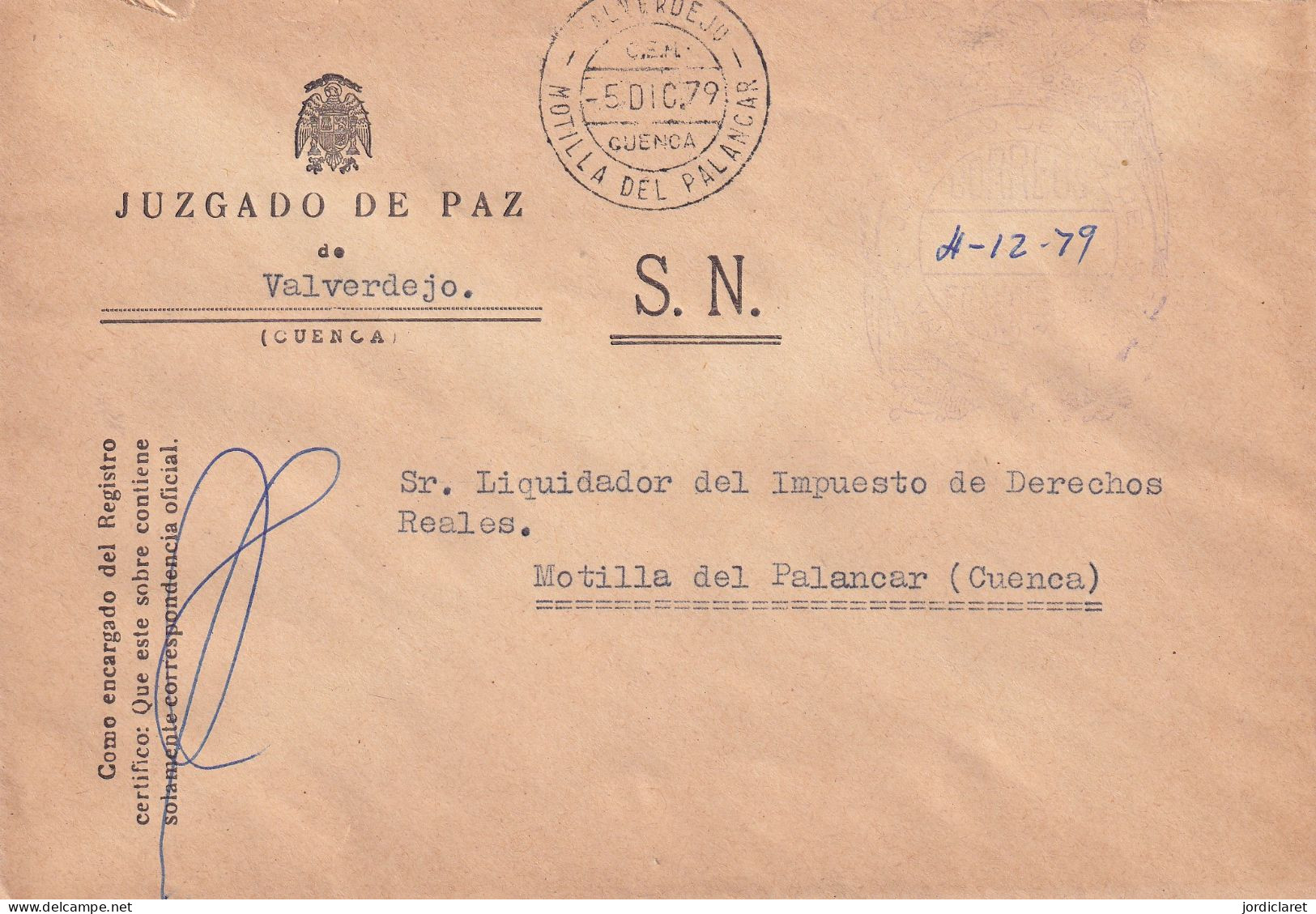 JUZGADO DE PAZ  VALVERDEJO CUENCA 1979 - Postage Free