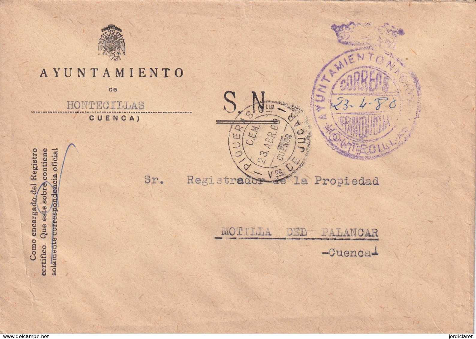 AYUNTAMIENTO HONTECILLAS  CUENCA 1980 - Franquicia Postal