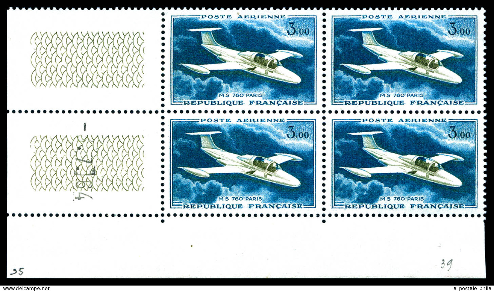 ** N°39b, 3f Prototype: Bleu Unicolore: Bloc De 4 Cdf Daté. TB  Qualité: **  Cote: 320 Euros - 1960-.... Mint/hinged