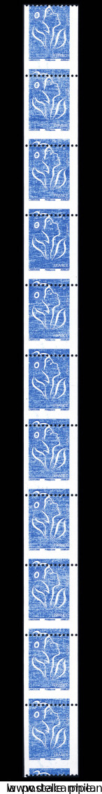 ** N°106, Lamouche TVP Bleu (N°4159), Piquage à Cheval, Impression Très Défectueuse En Bande Complète De 11 Exemplaires. - Coil Stamps