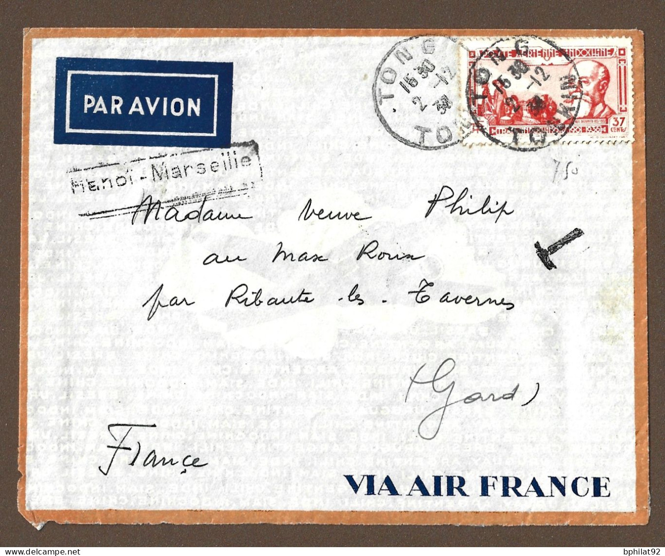!!! LETTRE PAR AVION POUR MARSEILLE, CACHET DE TONG, TONKIN, TAXÉE À L'ARRIVÉE, DE 1938 - Airmail