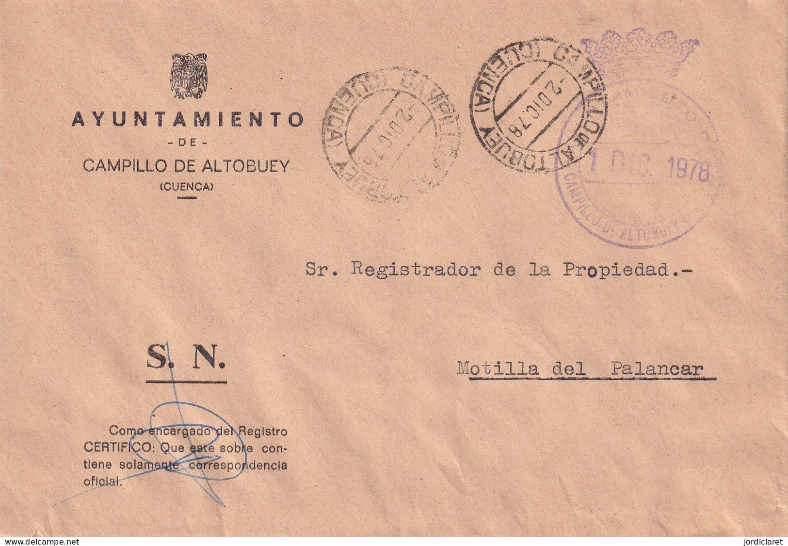 AYUNTAMIENTO CAMPILLO DE ALTOBUEY  CUENCA 1978 - Portofreiheit