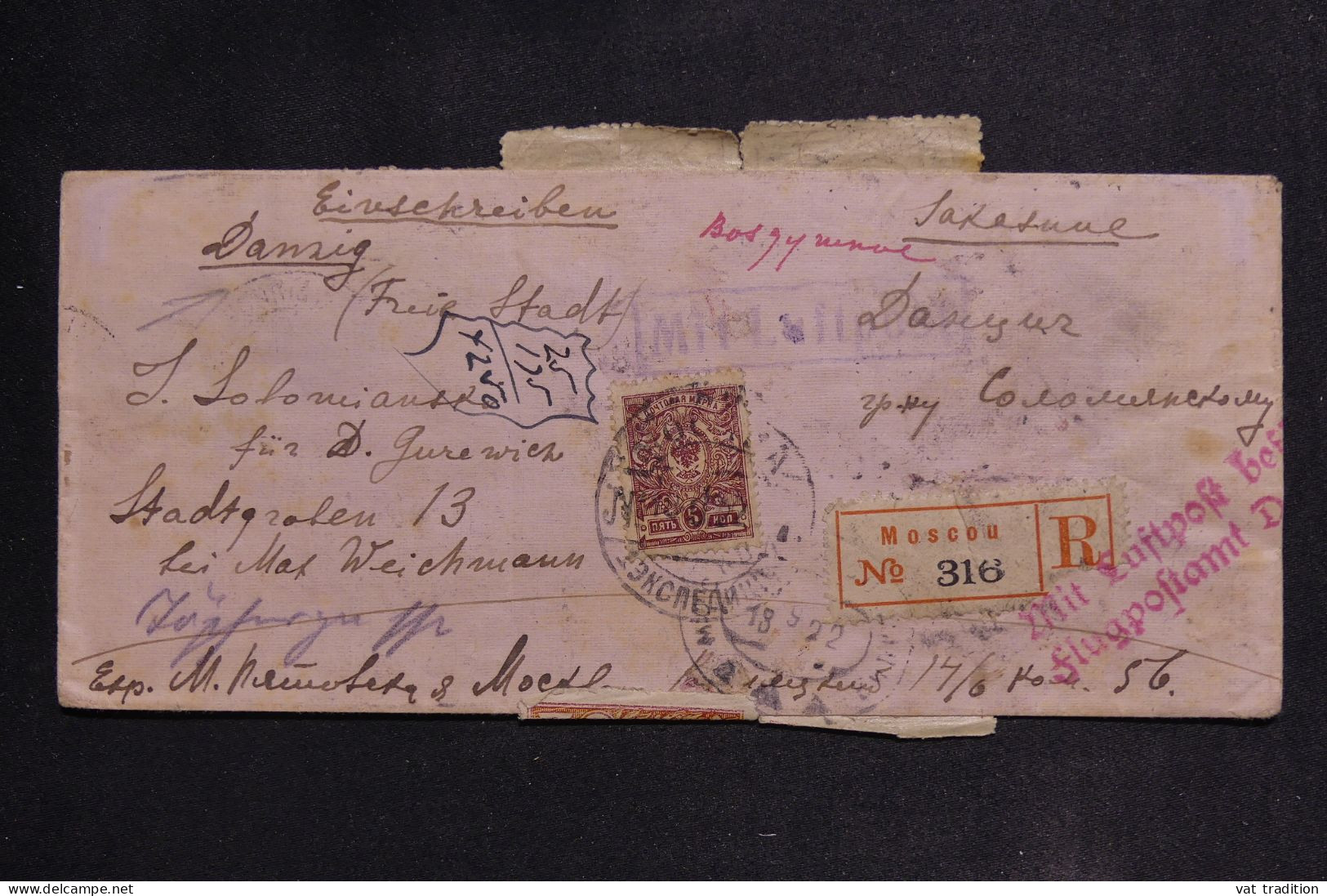 RUSSIE - Enveloppe En Recommandé De Moscou Pour Danzig En 1922 ,affranchissement Recto Et Verso - L 149794 - Storia Postale