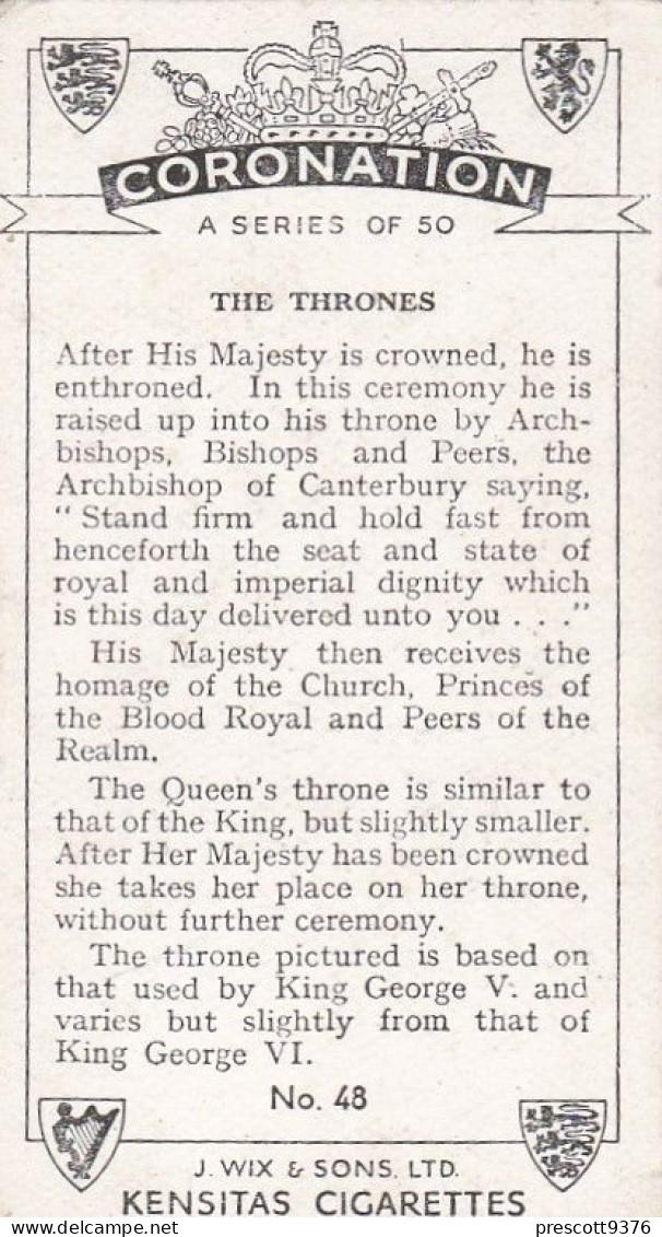 48 The Thrown  - Coronation 1937- Kensitas Cigarette Card - 3x6cm, Royalty - Churchman