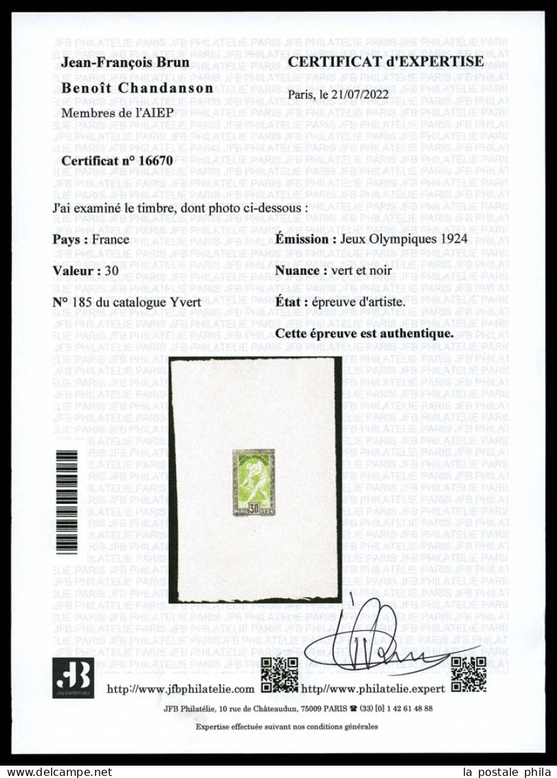 (*) N°185, JO Paris 1924, 30c Milon De Crotone, épreuve En Vert Et Noir. SUP. R.R. (certificats)  Qualité: (*) - Artist Proofs