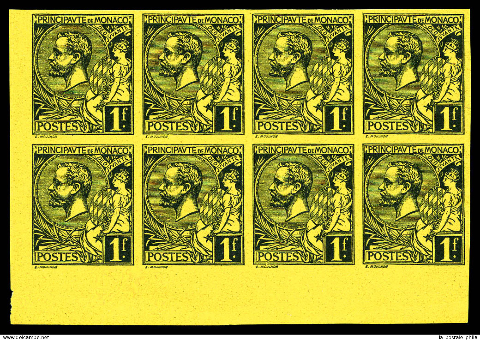 (*) N°20b, Albert 1er, 1f Noir Sur Jaune Non Dentelé (toujours Sans Gomme): Bloc De 8 Exemplaires Cdf. TTB (certificat)  - Unused Stamps