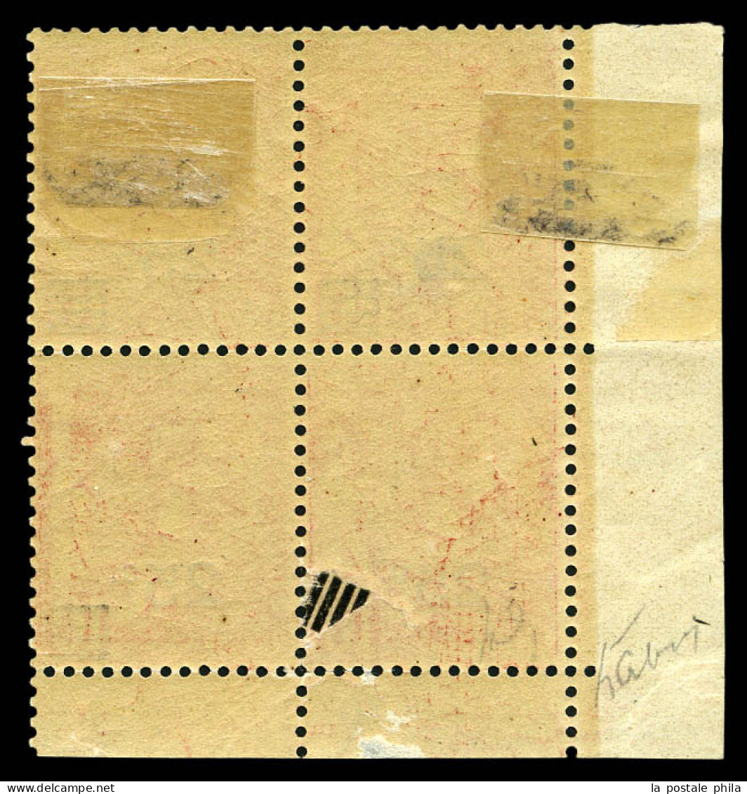 ** N°52, 25c Sur 10c Rose En Bloc De 4, Variété Spectaculaire : Surcharge Des Barres Au Verso Due à Une Petite Déchirure - Unused Stamps