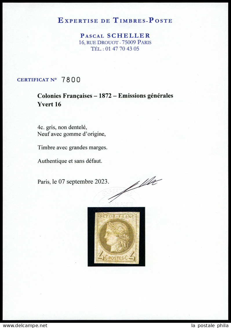 * N°16, 4c Gris, Grandes Marges. SUPERBE. R.R.R. (certificats)  Qualité: *  Cote: 13750 Euros - Ceres