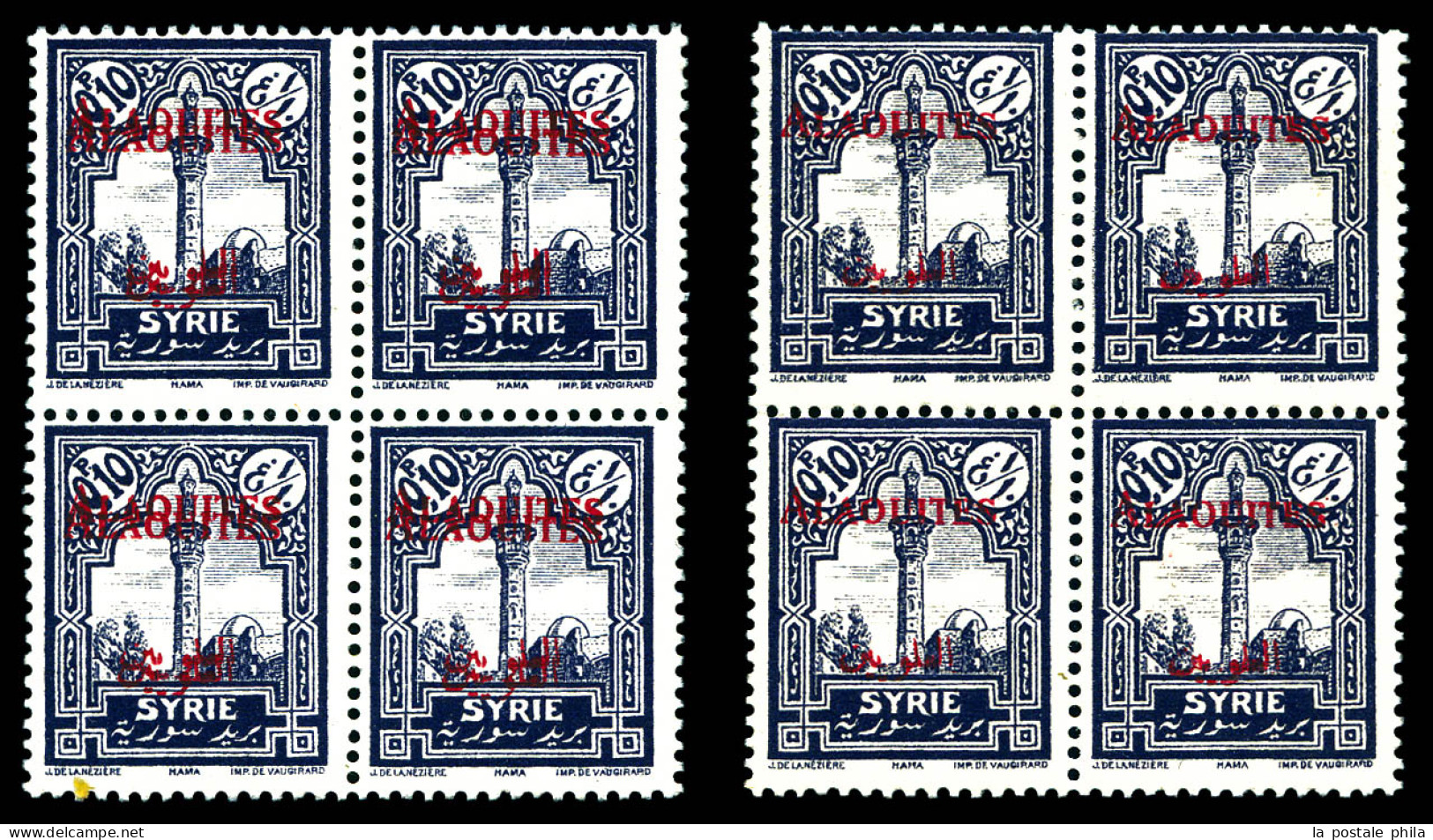 ** N°22, 0 Pi 10 Violet: Double Surcharge + Surcharge Recto-verso En Blocs De Quatre. TTB  Qualité: ** - Unused Stamps