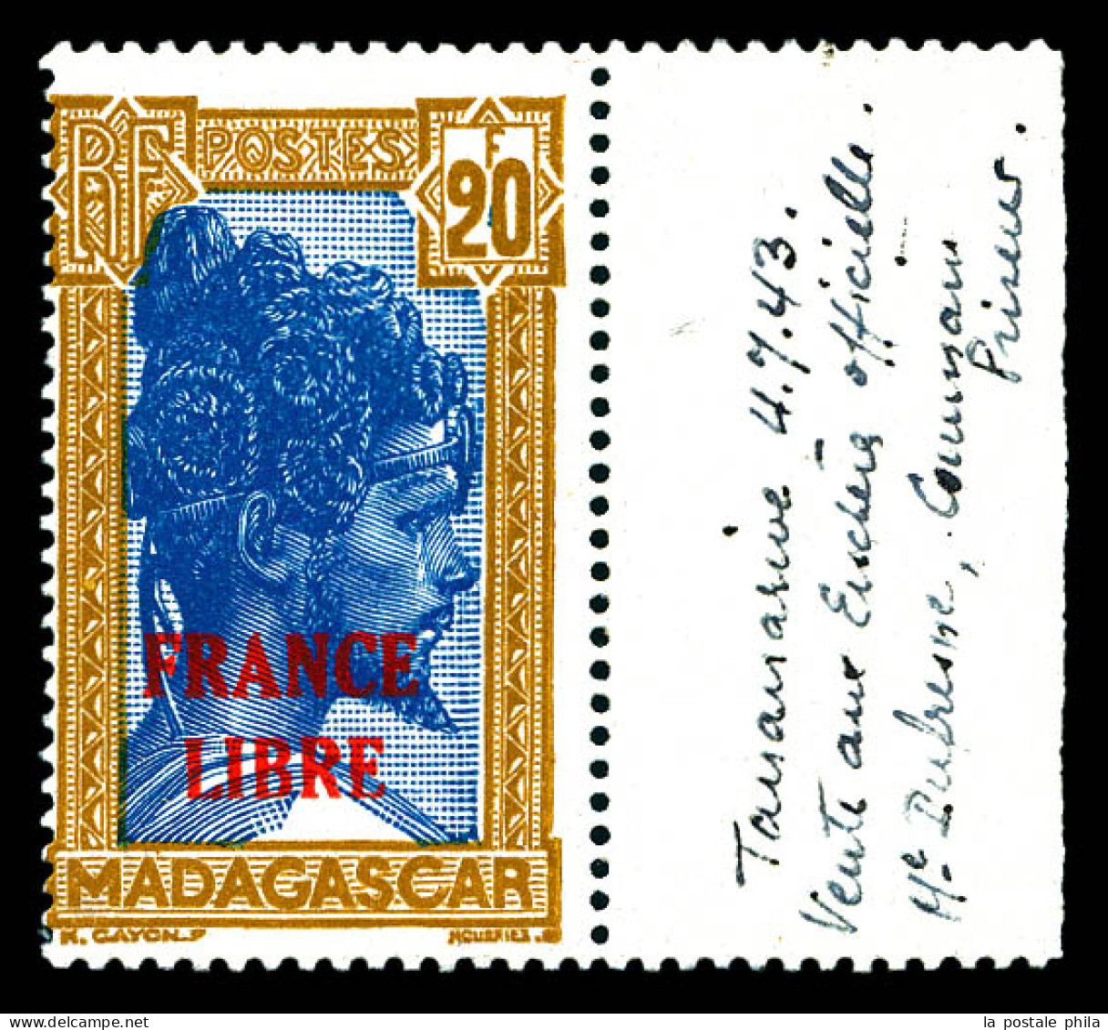 ** N°255A, 20F Bistre Et Bleu Surchargé 'FRANCE LIBRE', Bord De Feuille Latéral, Fraîcheur Postale, SUP (signé Calves/ce - Unused Stamps