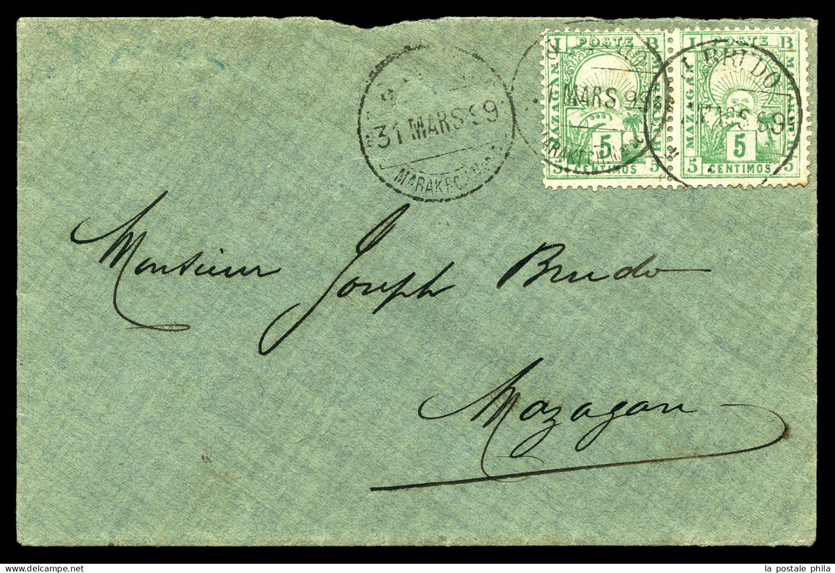 O N°51A, 5c Vert En Paire Sur Lettre Du 31 Mars 1899. TTB (certificat)  Qualité: Oblitéré - Postes Locales & Chérifiennes