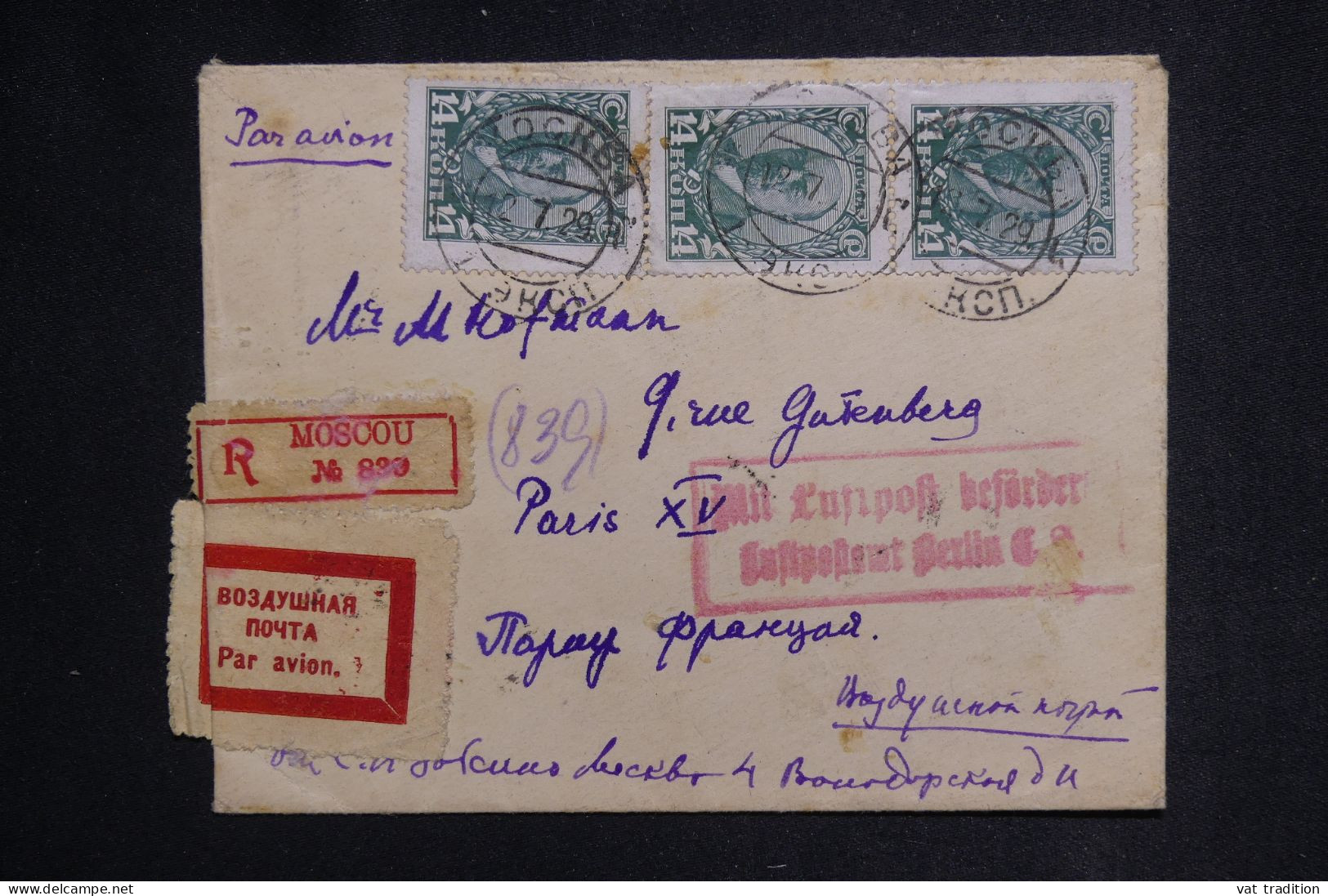 URSS - Enveloppe En Recommandé De Moscou Pour Paris En 1929 Par Avion, Affranchissement Recto/verso  - L 149799 - Brieven En Documenten