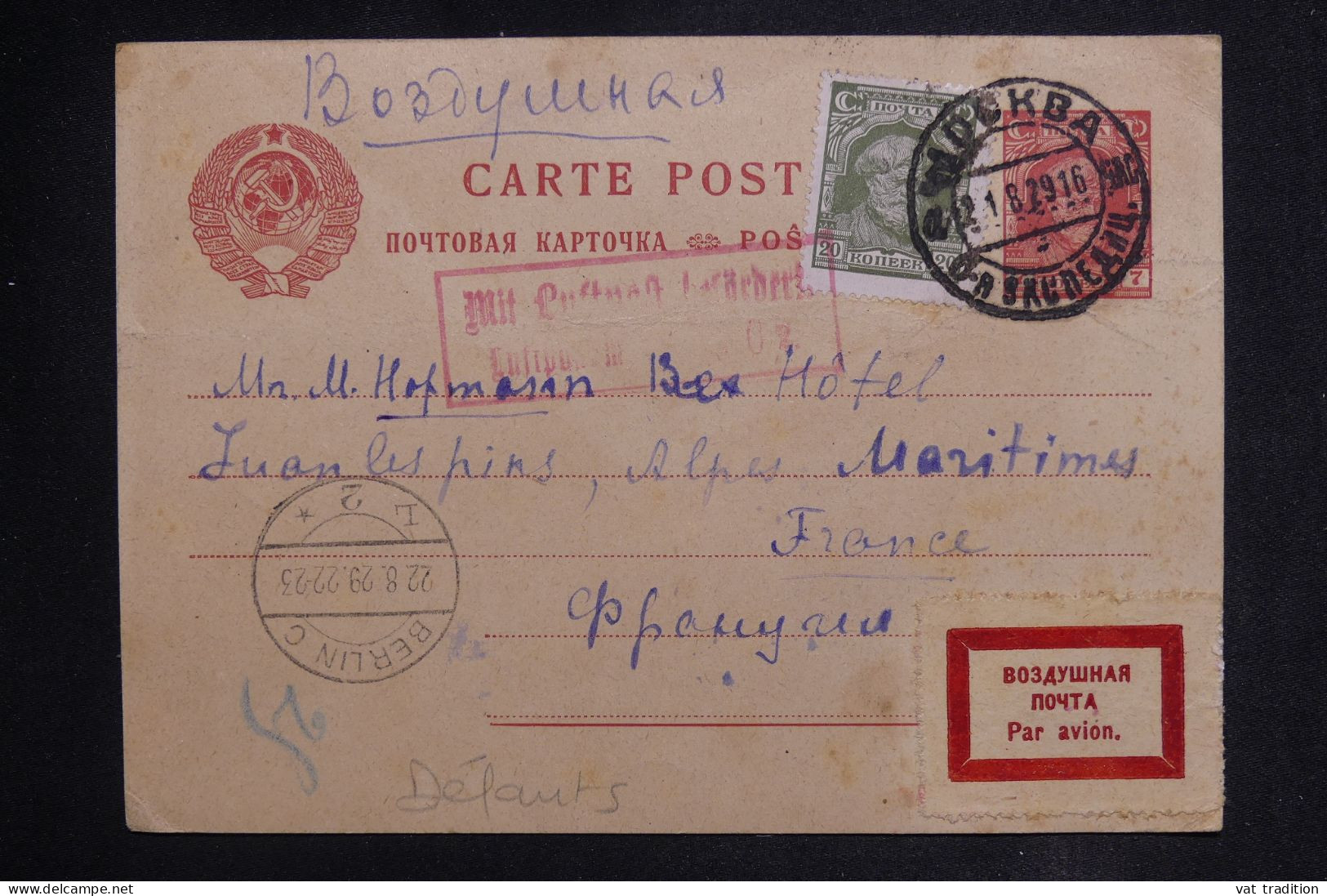 URSS - Entier Postal + Complément De Moscou Pour La France En 1929 Par Avion  - L 149800 - ...-1949
