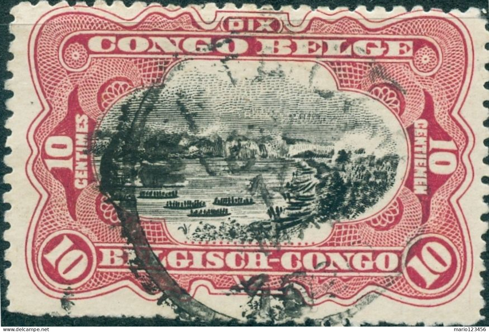 CONGO BELGA, BELGIAN CONGO, PAESAGGI, LANDSCAPE, 10 C., 1915, FRANCOBOLLI USATI Mi:BE-CD 26, Sn:BE-CD 61, Yt:BE-CD 65 - Used Stamps