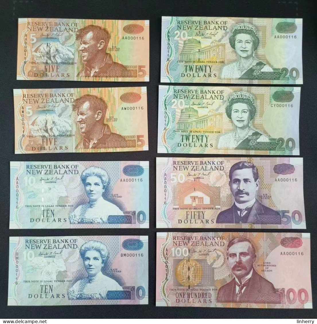 New Zealand 5-100 Dollars, 1992, 8 Pcs Notes Matching Serial Number ,UNC - Nieuw-Zeeland