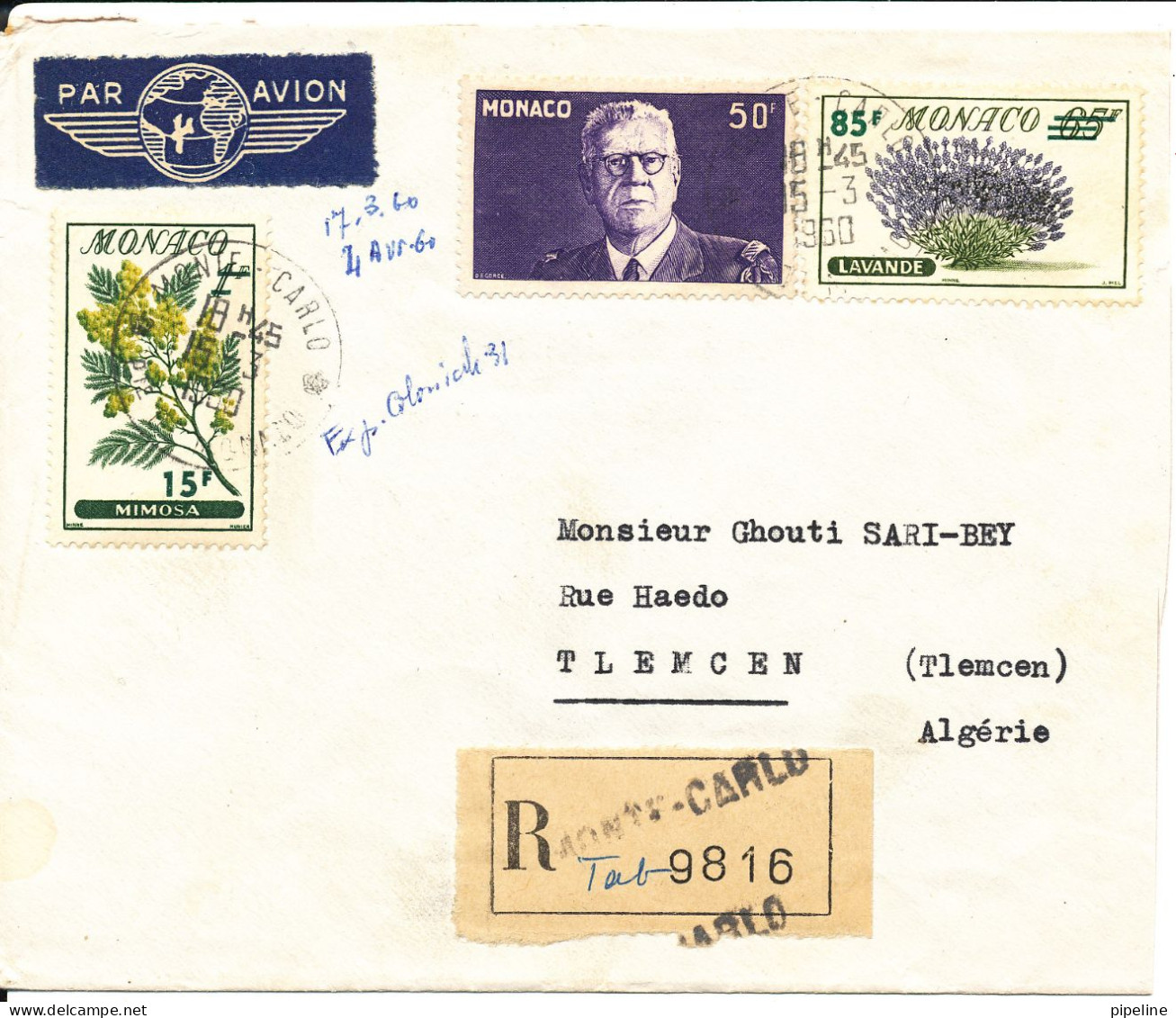 Monaco Registered Cover Sent To Algeria 5-3-1960 Very Good Franked - Briefe U. Dokumente