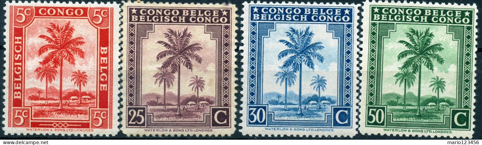 CONGO BELGA, BELGIAN CONGO, FLORA PALMA DA OLIO, 1942, FRANCOBOLLI NUOVI (MNH**) Scott: 187,191,192,193 - Nuevos