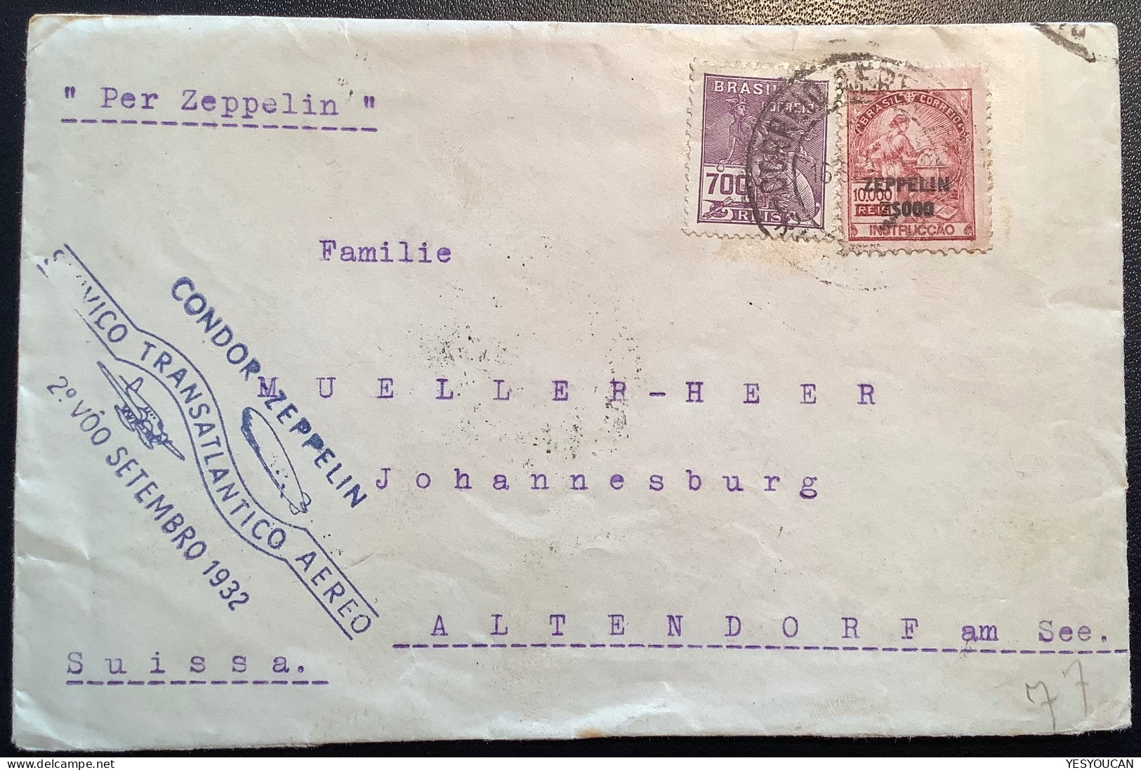 CONDOR-ZEPPELIN1932 Flight„Pedro Elmer Petropolis“cover>Müller-Heer, Altendorf SZ Schweiz (Brazil Luftpost Brief Schweiz - Poste Aérienne