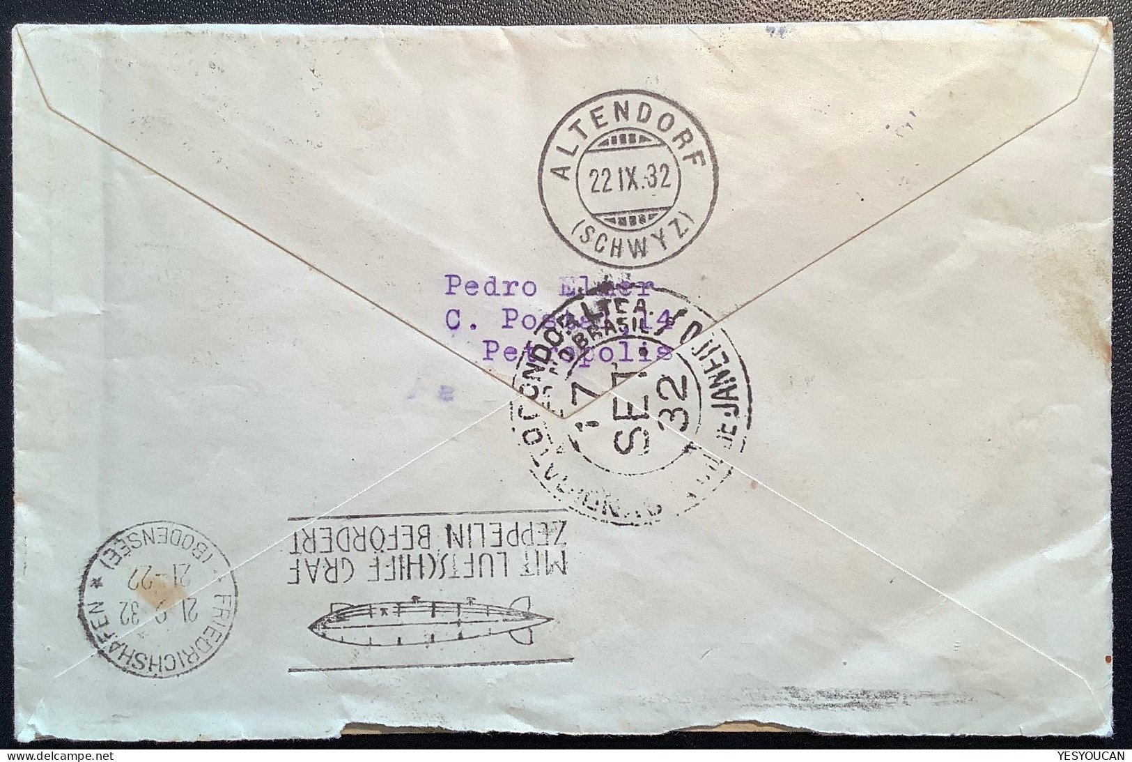 CONDOR-ZEPPELIN1932 Flight„Pedro Elmer Petropolis“cover>Müller-Heer, Altendorf SZ Schweiz (Brazil Luftpost Brief Schweiz - Airmail