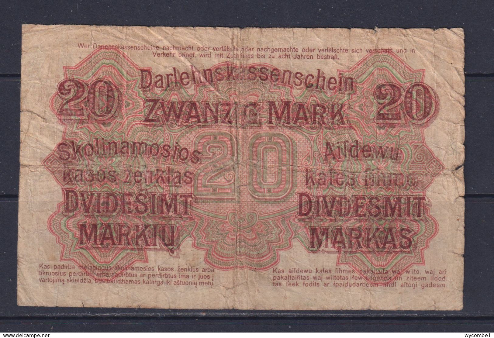 LITHUANIA, LATVIA And POLAND (GERMAN OCCUPATION)  - 1918 20 Mark Circulated Banknote - Lituania