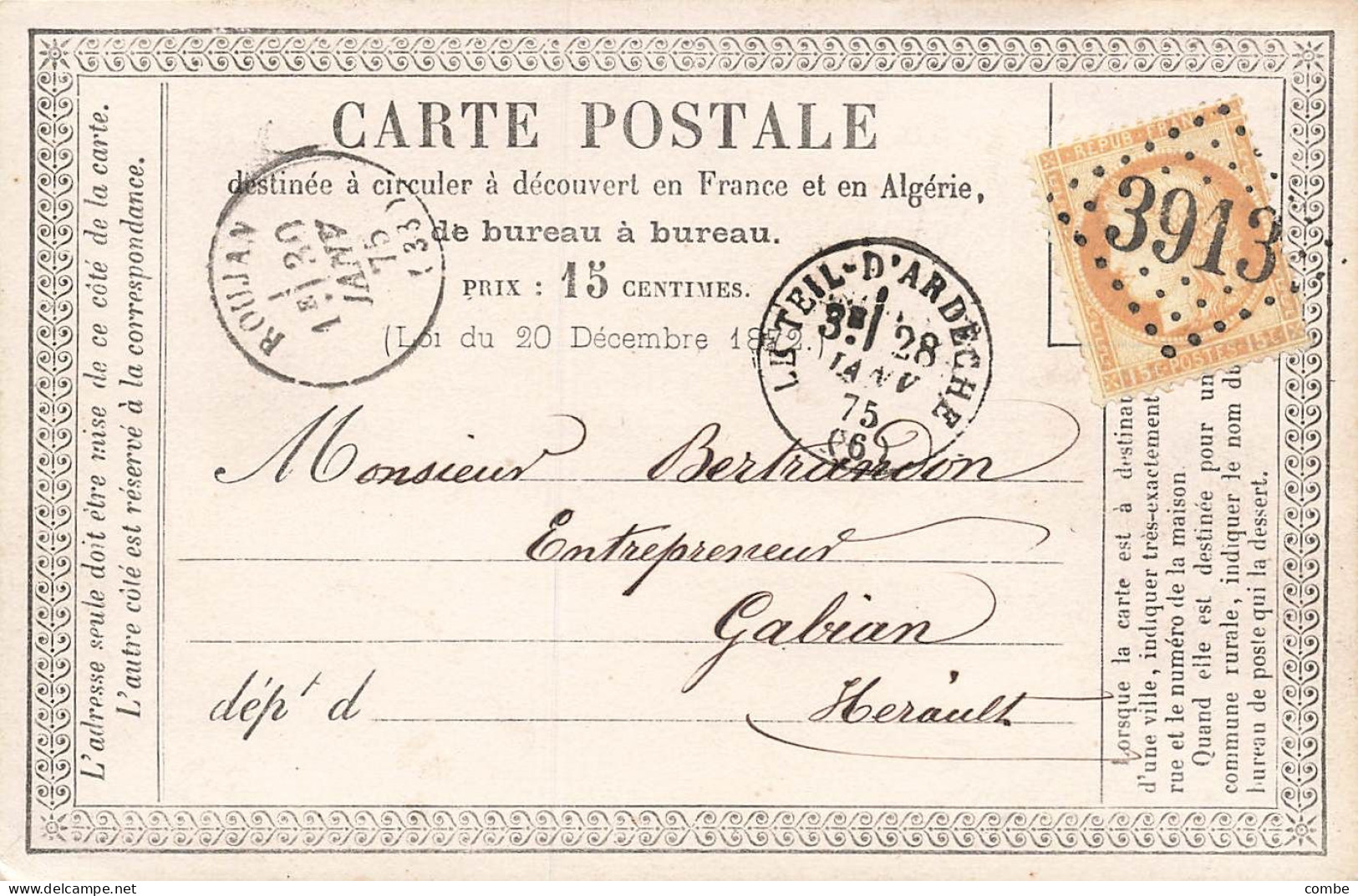 CARTE PRECURSEUR N° 10. FLEURONNÉ. PRIVEE. CHAUX DU TEIL SOULIER ET BRUNOT. ARDECHE. GC 3913 - Cartes Précurseurs