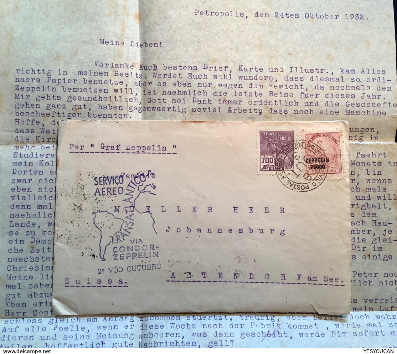 CONDOR-ZEPPELIN1932 Flight„Pedro Elmer Petropolis“cover>Müller-Heer, Altendorf SZ Schweiz (Brazil Luftpost Brief Schweiz - Poste Aérienne