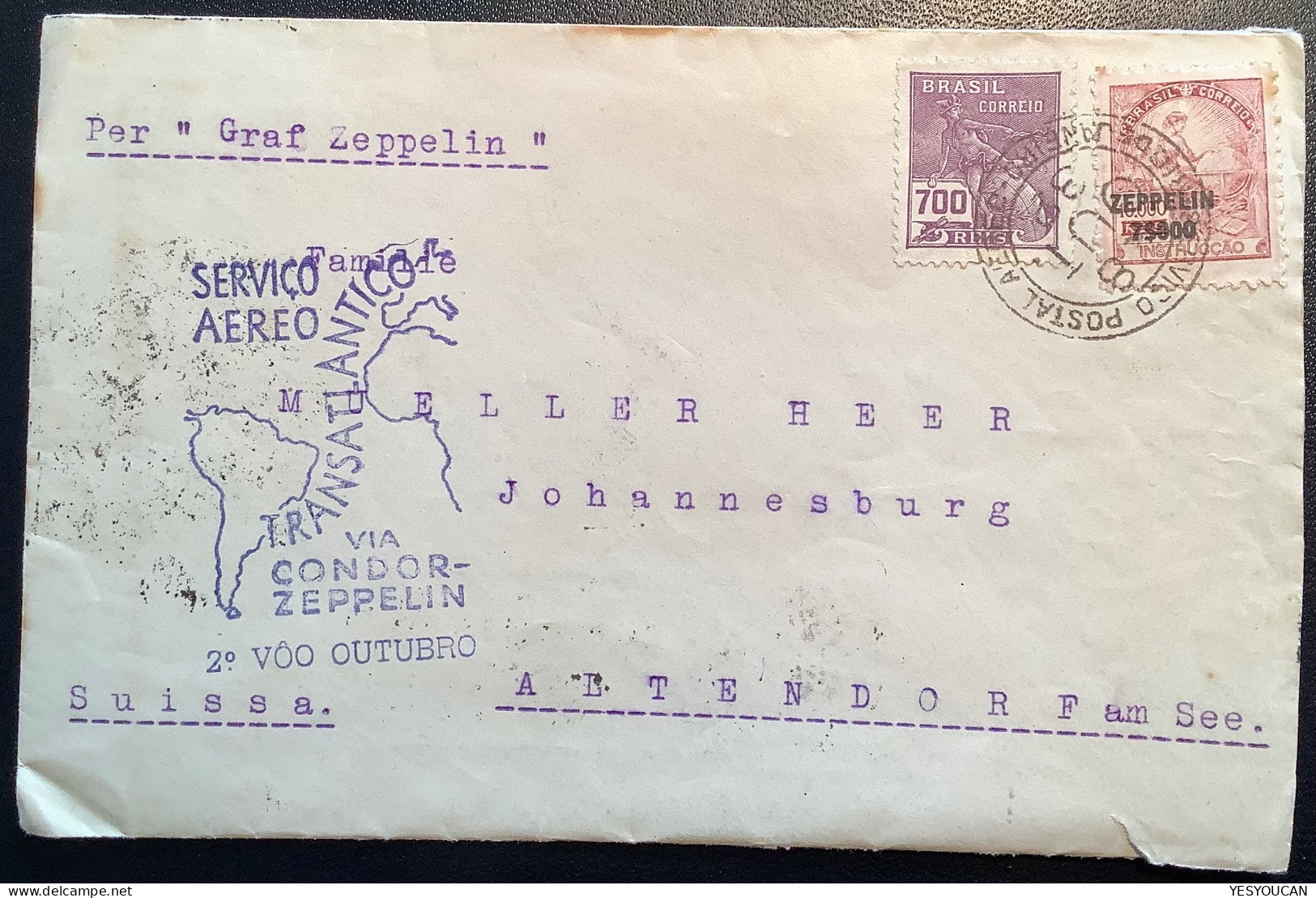 CONDOR-ZEPPELIN1932 Flight„Pedro Elmer Petropolis“cover>Müller-Heer, Altendorf SZ Schweiz (Brazil Luftpost Brief Schweiz - Poste Aérienne