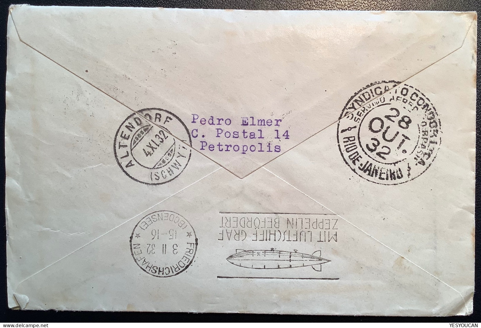 CONDOR-ZEPPELIN1932 Flight„Pedro Elmer Petropolis“cover>Müller-Heer, Altendorf SZ Schweiz (Brazil Luftpost Brief Schweiz - Airmail