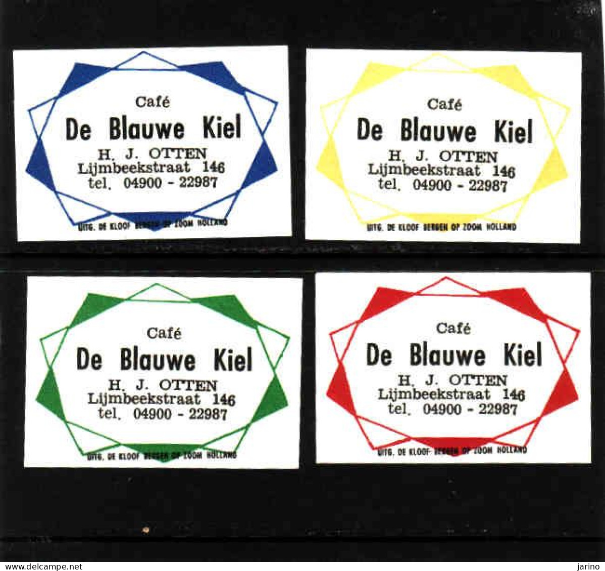 4 Dutch Matchbox Labels, De Kiel - Drenthe, Café De Blauwe Kiel, H.J. Otten, Zündholzetiketten Netherlands - Boites D'allumettes - Etiquettes