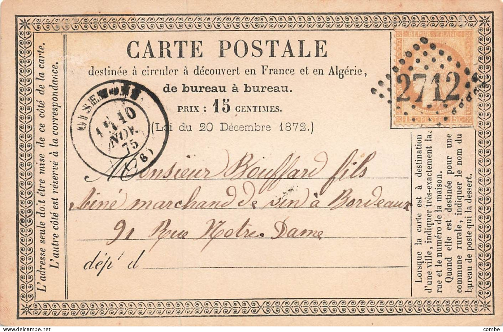 CARTE PRECURSEUR N° 10. FLEURONNÉ. OISEMONT SOMME. T17. GC 2712 . DE ST MAULVIS POUR BORDEAUX - Precursor Cards