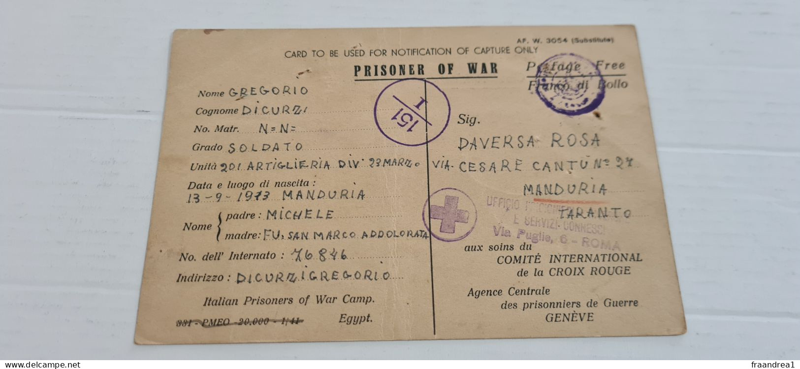 WWII POW 1941 Camp  EGITTO  . CROCE ROSSAFranchigia Posta Militare  Prisoner Of War POW Postcard  MADURIA TARANTO - Guerre 1939-45